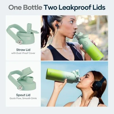 Buzio Duet Series Water Bottle with 2 Lids and Sleeve 1.2L - Gradient Green